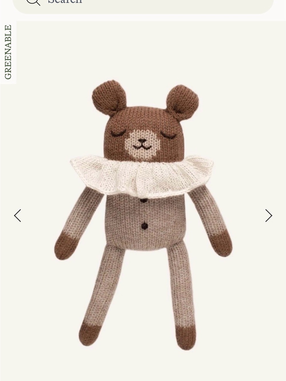 Hand-Knit Brown Bear Plush with Cream Ruffle Collar - Cozy Cuddly Toy